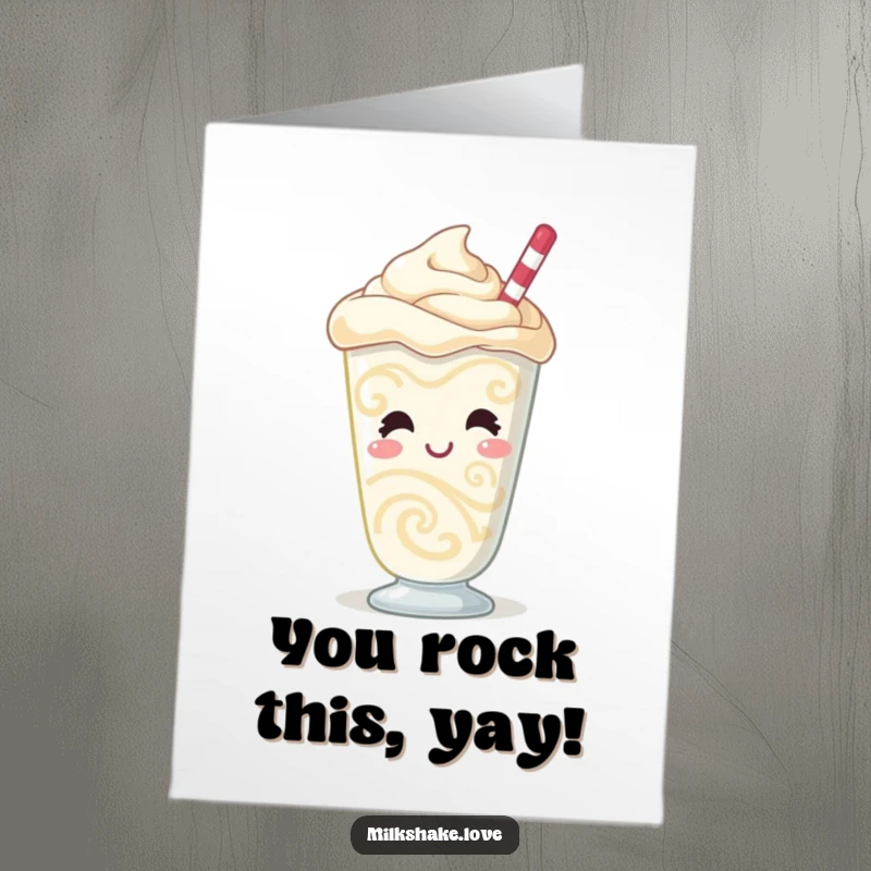 Funny free printable congratulations card showing a giggling milkshake character with vibrant swirling patterns and a bubbly aura.