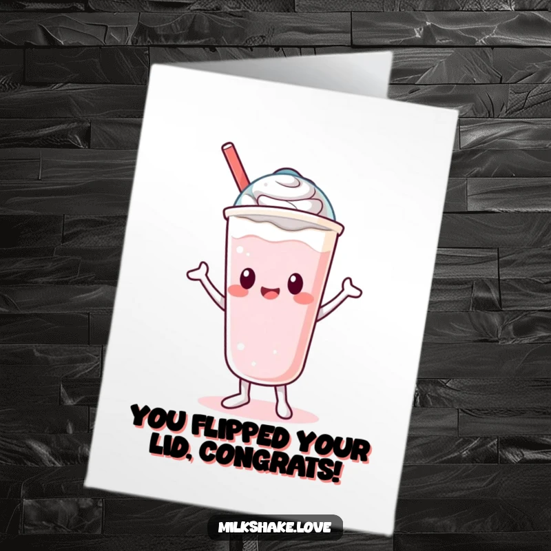 Funny Free Printable Congratulations Card: A happy Kawaii milkshake character dances playfully, its lid bobbing enthusiastically.