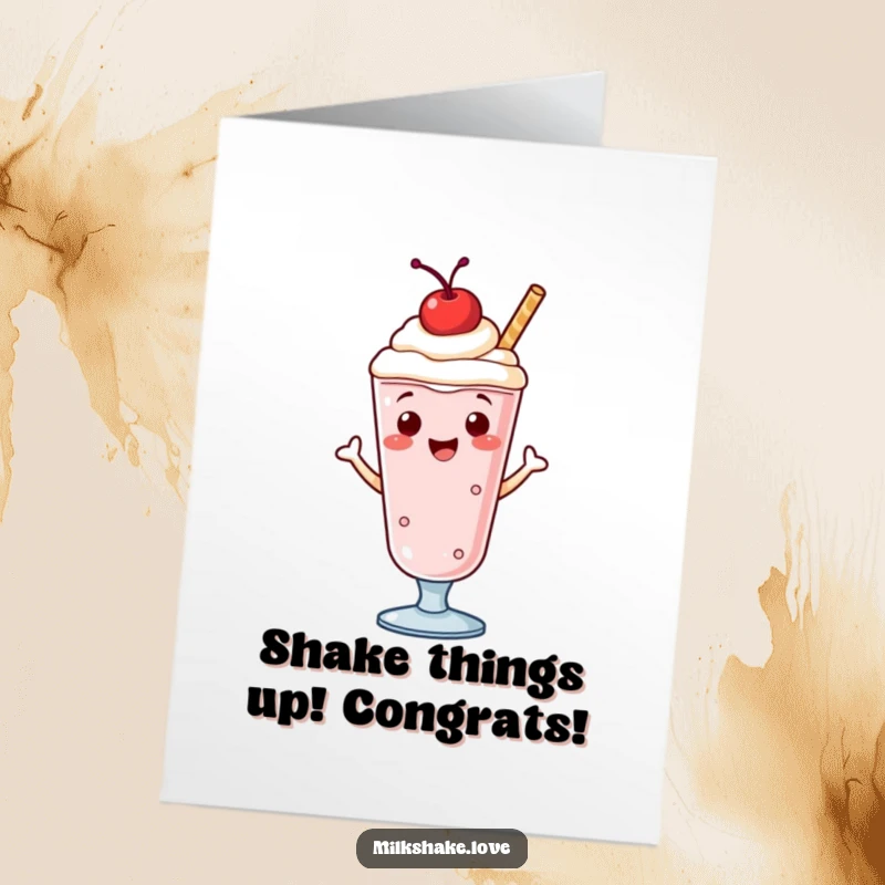 Funny Free Printable Congratulations Card: A smiling milkshake with a cherry, doing a celebratory jig, spreading good vibes.