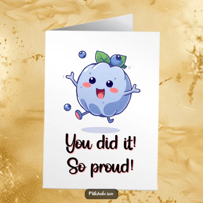 Funny Free Printable Congratulations Card: A plump blueberry character enthusiastically bouncing, spreading cheer and good vibes.