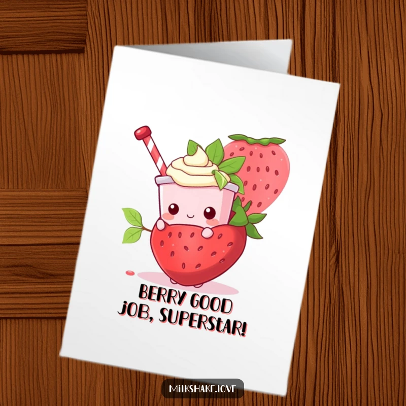 Funny Free Printable Congrats Card: Shy Kawaii milkshake peeking from behind a giant strawberry, celebrating success.