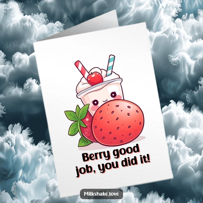 Funny Free Printable Congratulations Card: A kawaii milkshake character hiding mostly behind a huge strawberry, offering a shy smile.