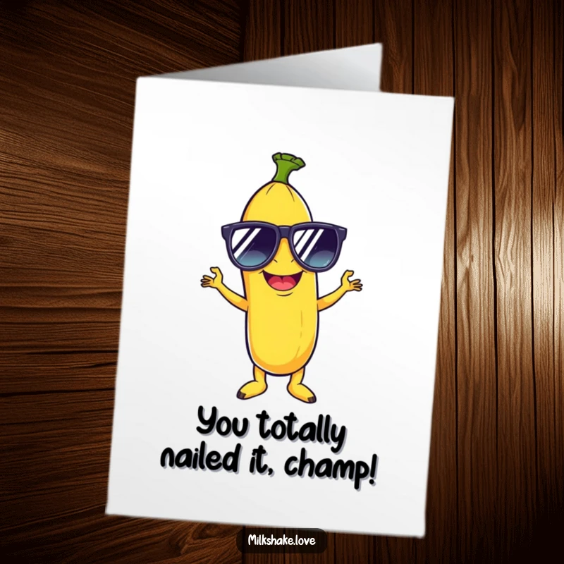 Funny Free Printable Congratulations Card: Giggling banana in sunglasses striking a disco pose, celebrating success.