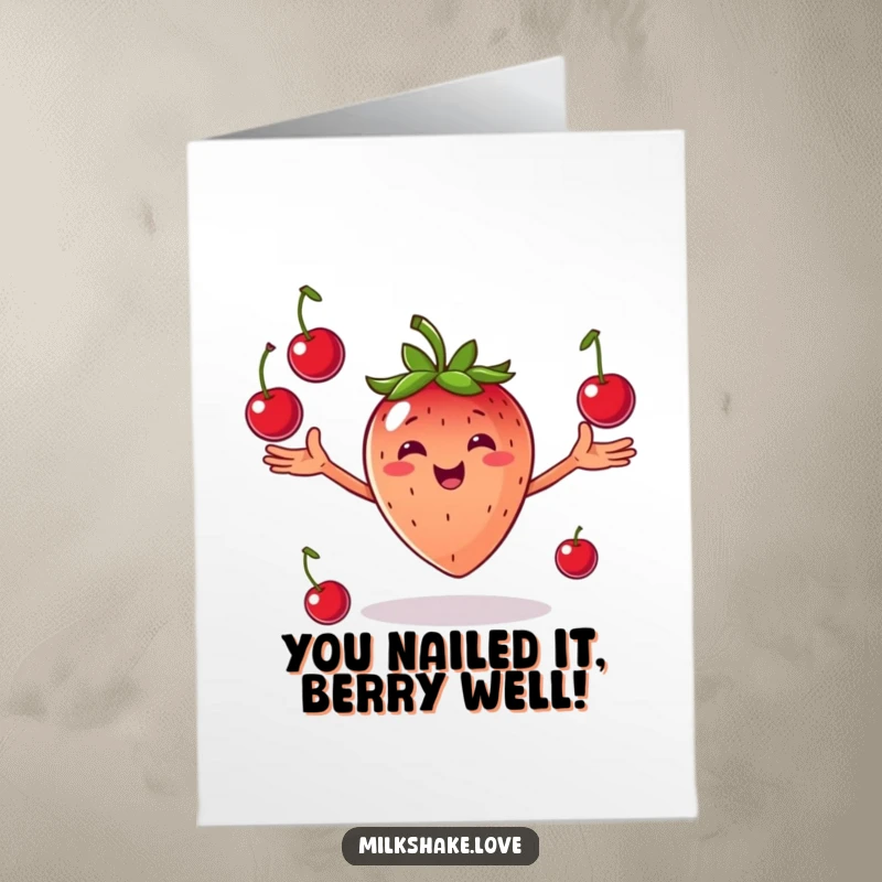 Funny Free Printable Congrats Card: Smiling strawberry juggling cherries, celebrating accomplishments with fruity enthusiasm.