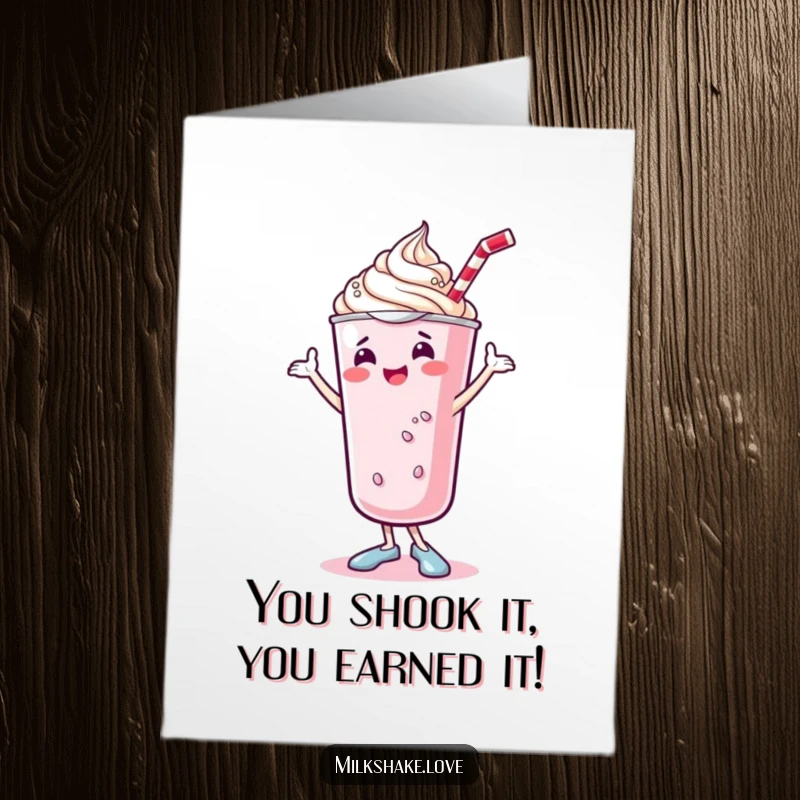 Funny Free Printable Congratulations Card: A jubilant kawaii milkshake with whipped cream doing a happy dance.