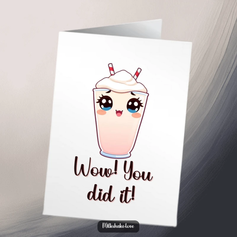 Funny Free Printable Kawaii Milkshake Congratulations Card: character peeking with wide eyes, expressing surprise at success.