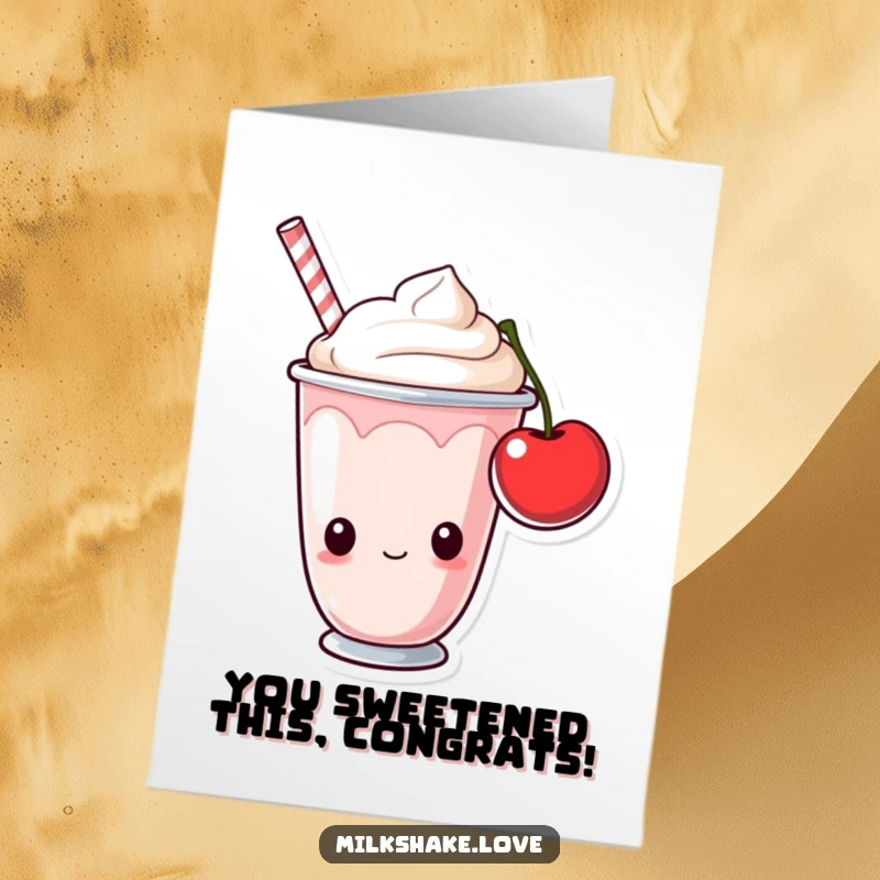 Funny Free Printable Congratulations Card: a curious milkshake cup peeks at a cherry, offering congratulatory wishes with a whimsical vibe.