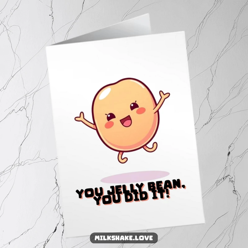 Funny Free Printable Congratulations Card: Wobbly jelly bean with tiny legs doing a cartwheel, celebrating success happily.