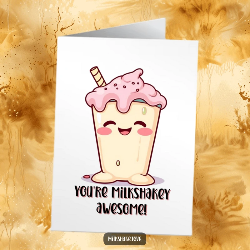 Funny free printable congratulations card: A milkshake melting with a huge, goofy grin, looking happy.