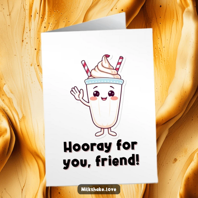 Funny Free Printable Congrats Card: A smiling milkshake with whipped cream topping waves a friendly greeting, charming downloadable.