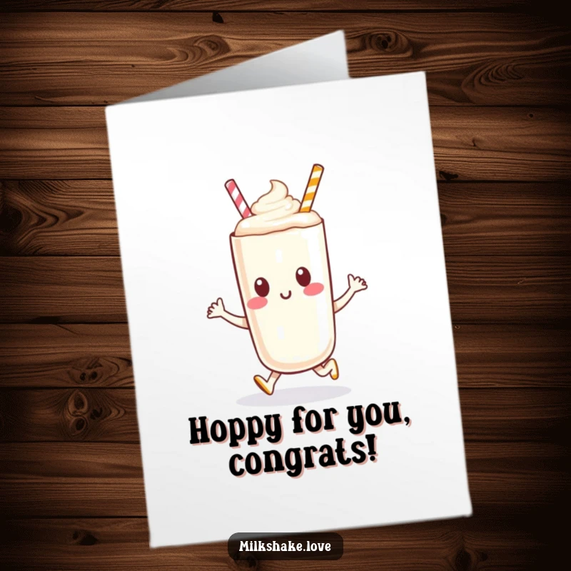 Funny free printable congratulations card featuring an anthropomorphic milkshake character in a happy little hop.