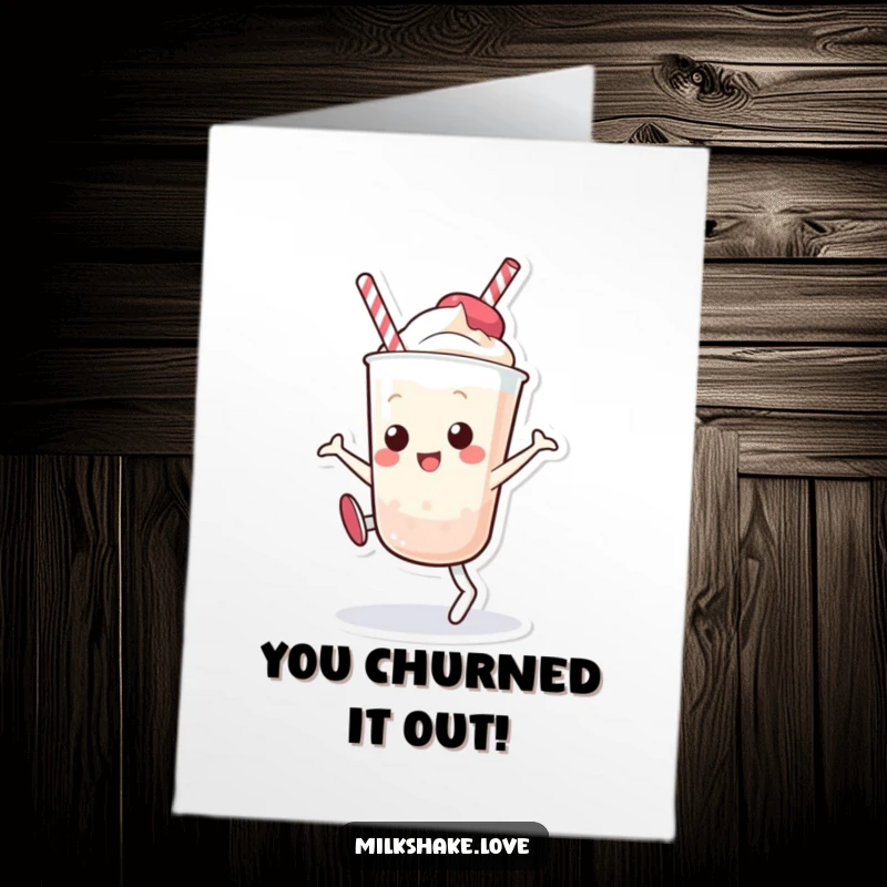 Funny Free Printable Congrats Card: A happy Kawaii milkshake performing an energetic cartwheel to celebrate success.