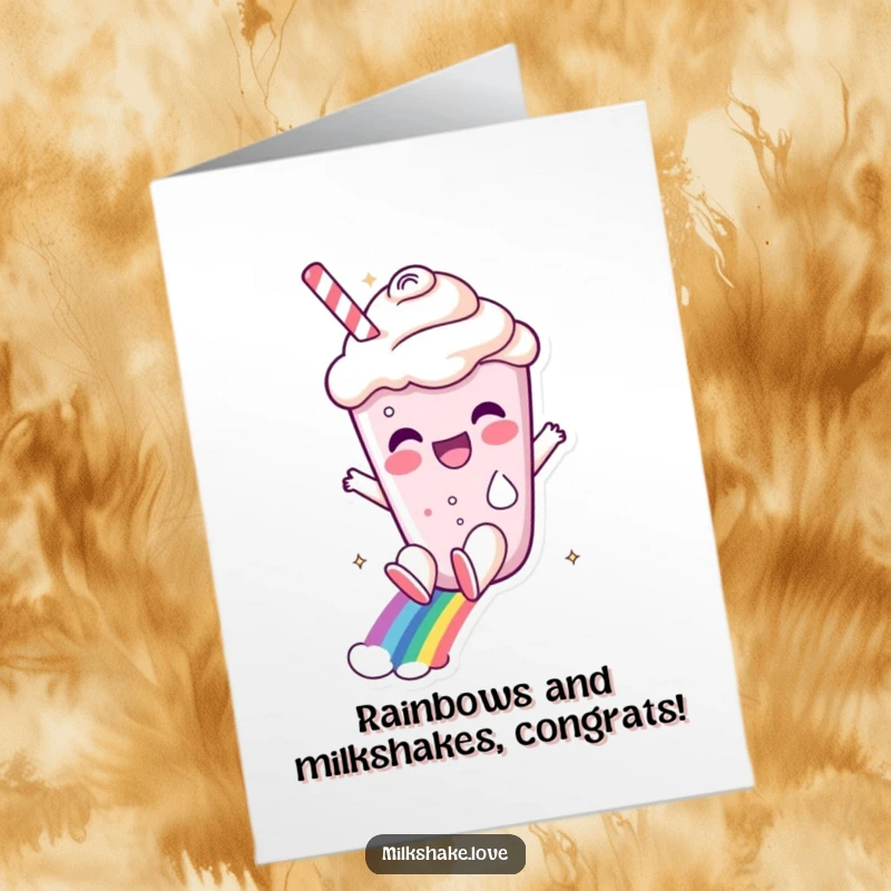 Funny free printable congratulations card showing a milkshake character sliding down a rainbow in celebration.