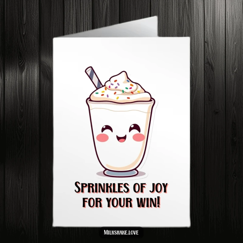 Funny Free Printable Congratulations Card: A kawaii milkshake character pulling a funny face, using its sprinkles to enhance the silly expression.