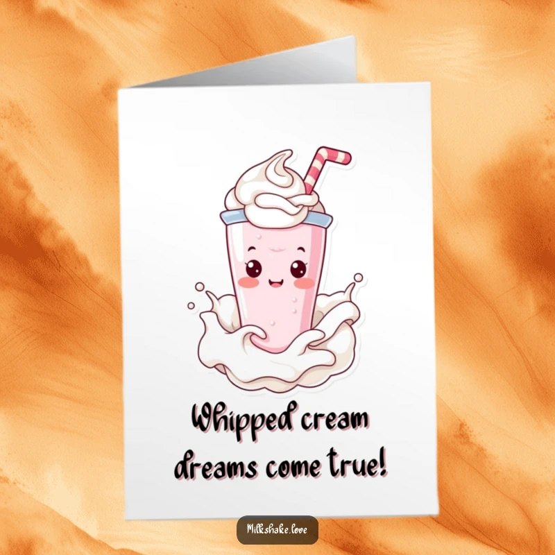 Funny Free Printable Congratulations Card: A happy Kawaii milkshake character joyfully splashes through whipped cream, celebrating.