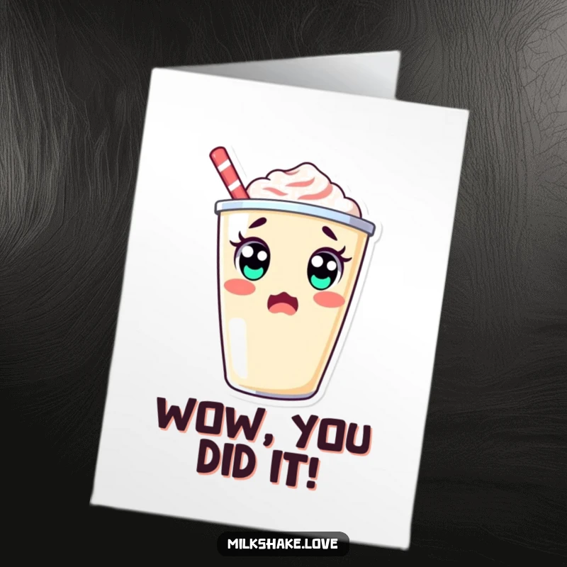 Funny Free Printable Congratulations Card: A kawaii milkshake cup does a silly double take with wide eyes, reacting to great news.