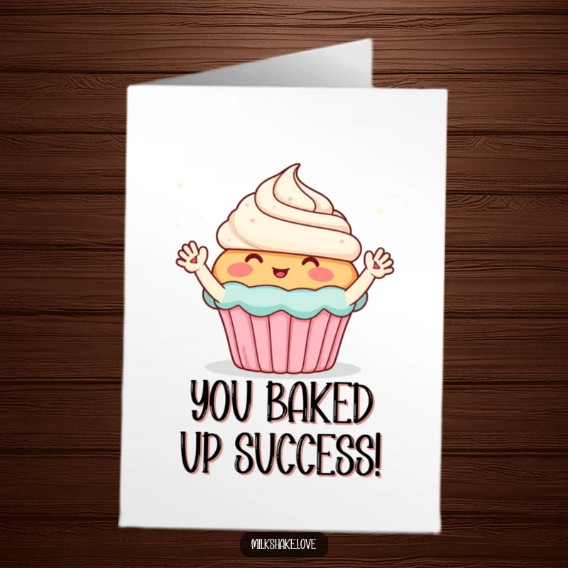 Funny Free Printable Congratulations Card: Blushing cupcake with tiny arms waving enthusiastically at sparkles, celebrating success.