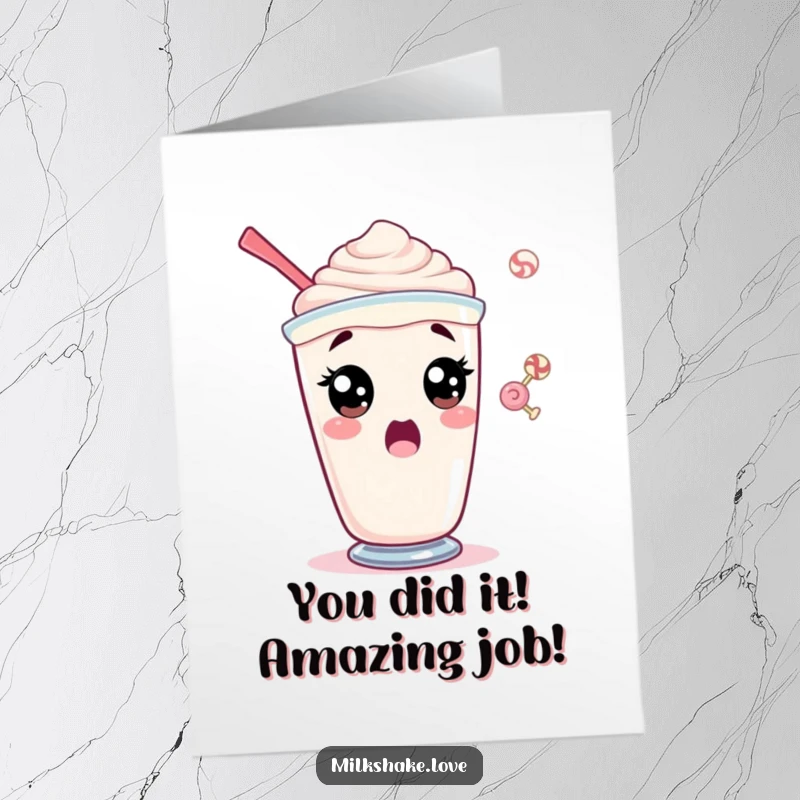 Funny Free Printable Congrats Card: A surprised milkshake with wide eyes stares at a floating candy, great downloadable art.