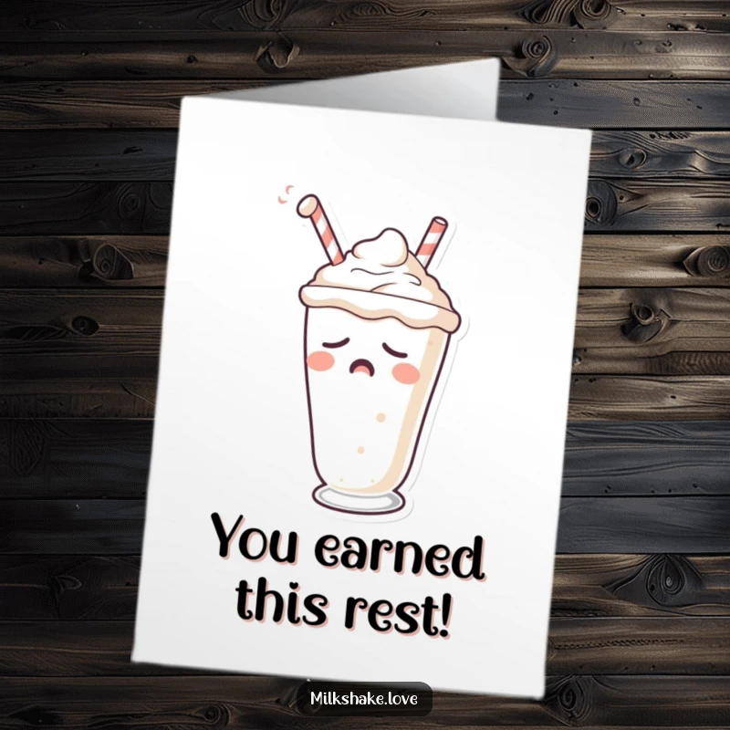 Funny Free Printable Congrats Card: A yawning milkshake with a droopy straw, perfect for quiet celebrations, downloadable card.