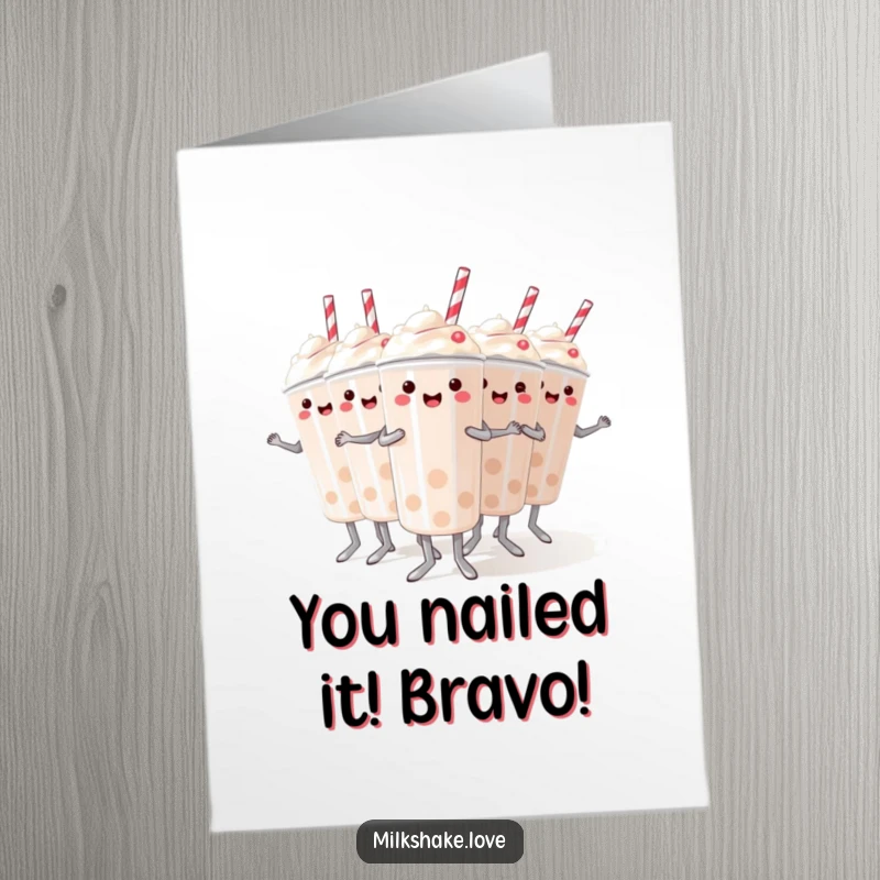 Funny Free Printable Congrats Card: A team of mini milkshakes executes a synchronized dance to congratulate someone.