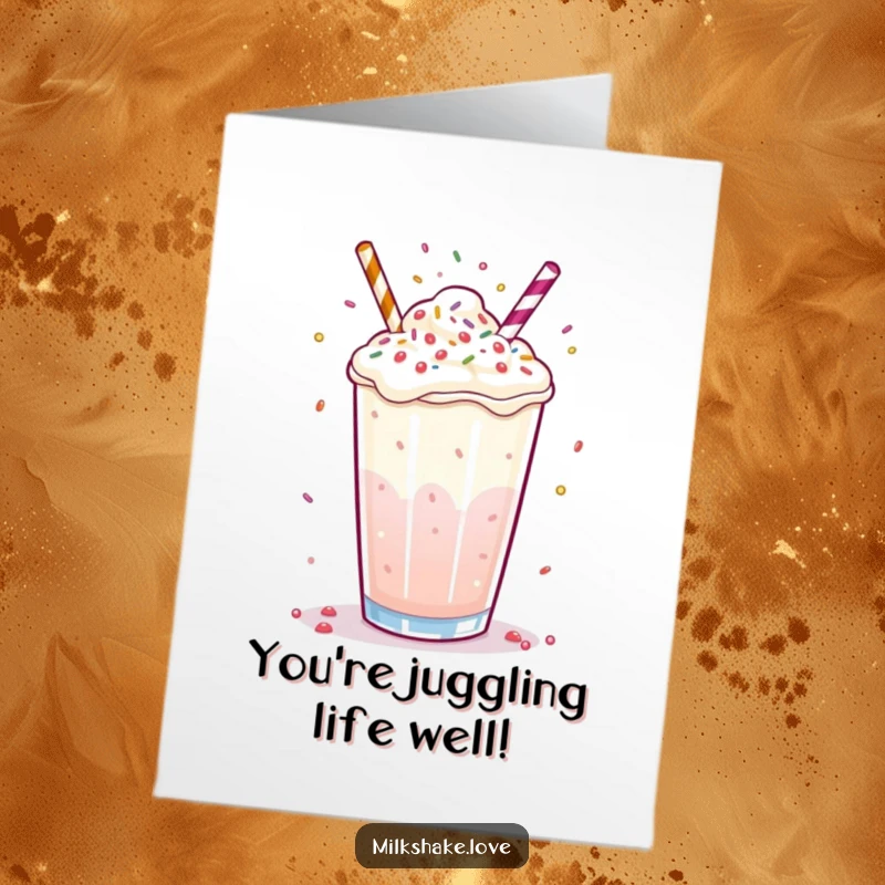 Funny Free Printable Congratulations Card: A frothy milkshake skillfully juggling small, colorful sprinkles with its bubbly surface.