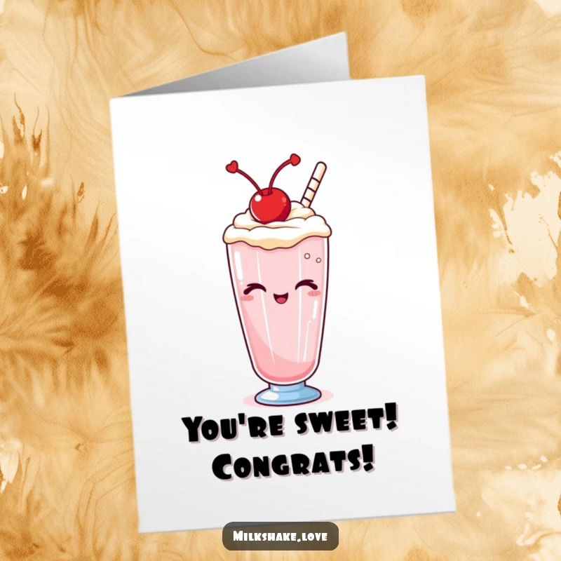 Funny Free Printable Congratulations Card showing a Kawaii milkshake with a cherry topping, delivering a knowing wink.