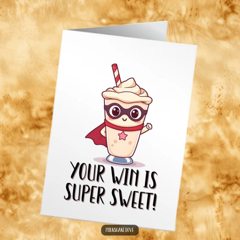 Funny Free Printable Congratulations Card: Kawaii milkshake in a cup as a superhero, celebrating your big win with creamy power.