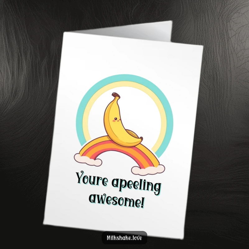 Funny Free Printable Congratulations Card: A cheerful banana character sliding down a colorful rainbow, celebrating a big win.
