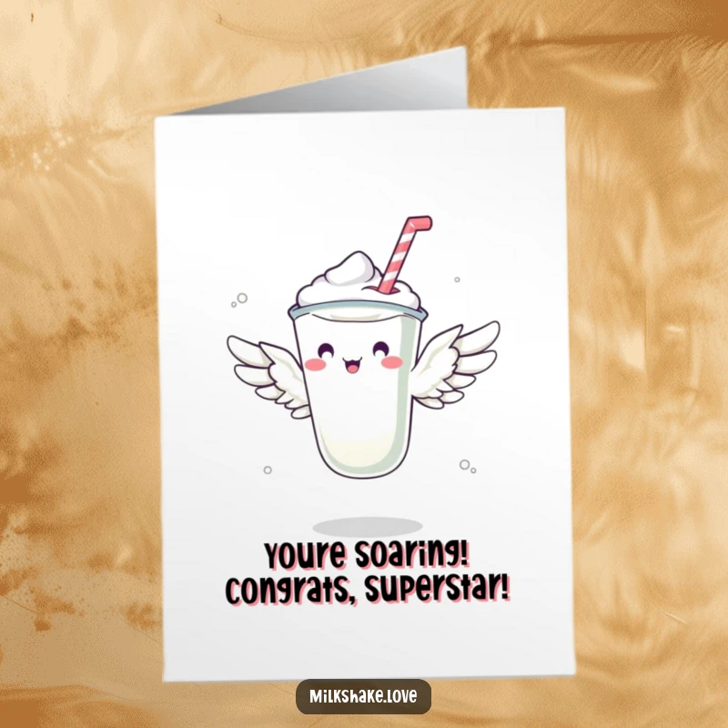 Funny Free Printable Congrats Card: A milkshake with small wings hilariously attempts flight for congratulations.