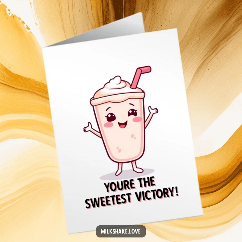 Funny Free Printable Congratulations Card: A smiling milkshake with a straw does a joyful dance of success.