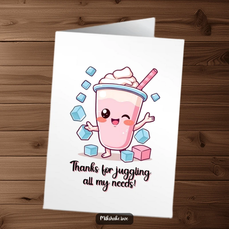 Funny Free Printable Thank You Card: Kawaii milkshake skillfully juggling ice cubes, a cool gesture of thanks.