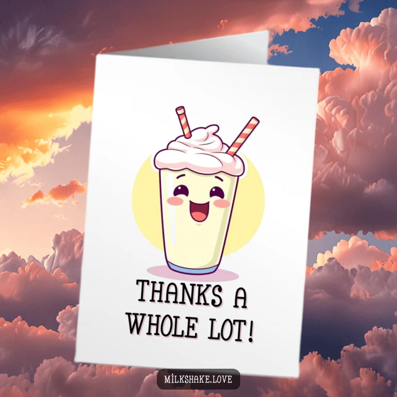 Funny Free Printable Thank You Card of a giggling kawaii milkshake offering heartfelt thanks with a flourish.