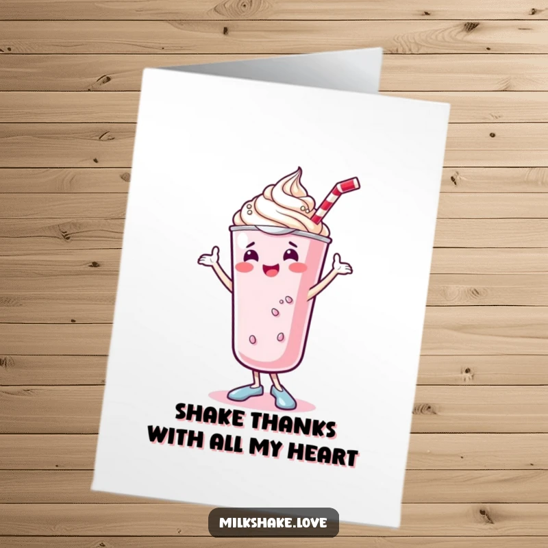 Funny Free Printable Thank You Card: A happy kawaii milkshake with whipped cream doing a delightful dance.