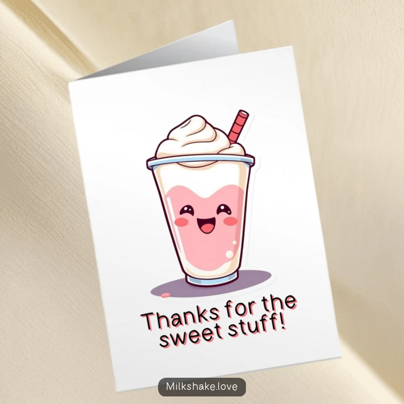 Funny Free Printable Thank You Card: A smiling milkshake cup doing a cheerful spin to convey sweet thanks.