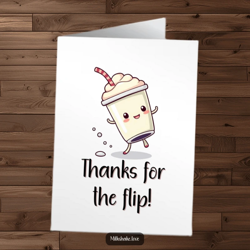 Funny free printable thank you card: a kawaii milkshake does a cartwheel, leaving a trail of bubbly drops.