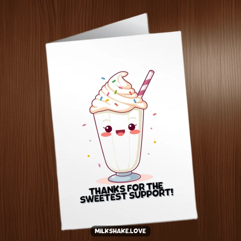 Funny Free Printable Thank You Card: Kawaii milkshake with whipped cream and sprinkles, cheering to express thanks.