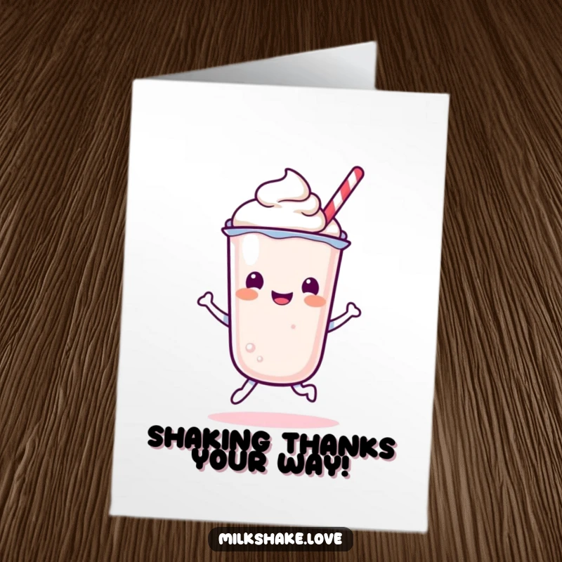 Funny Free Printable Thank You Card: A Kawaii milkshake character happily bouncing, conveying thanks with energy.