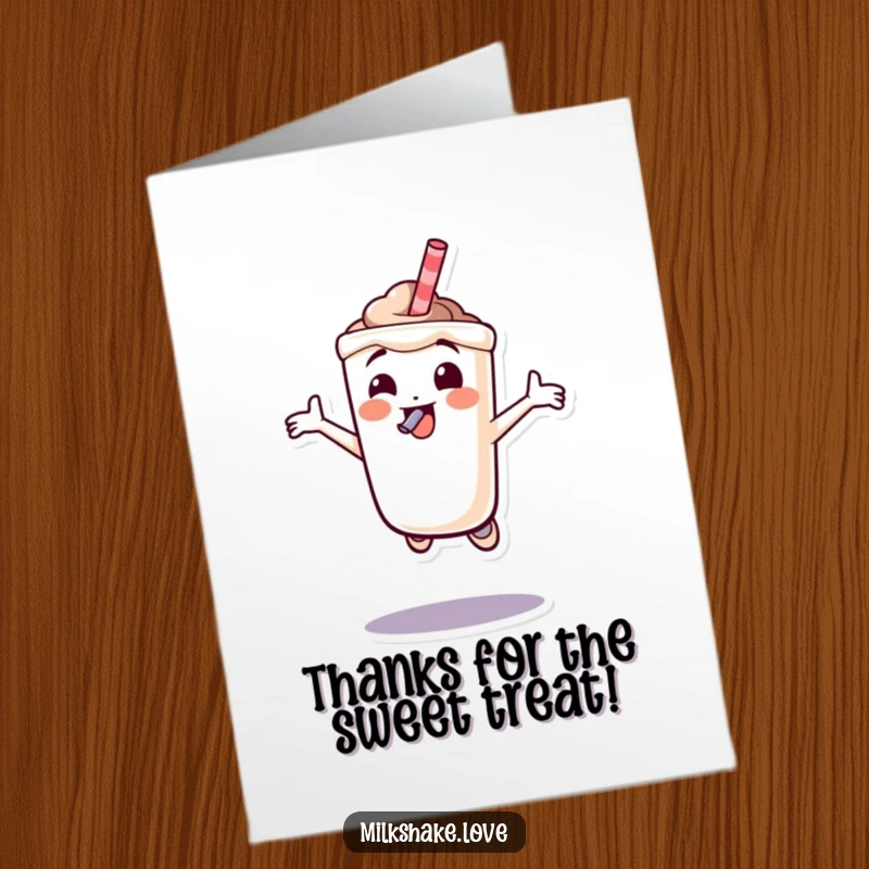 Funny Free Printable Thank You Card: A milkshake character joyfully leaping with its straw, conveying thanks, downloadable.