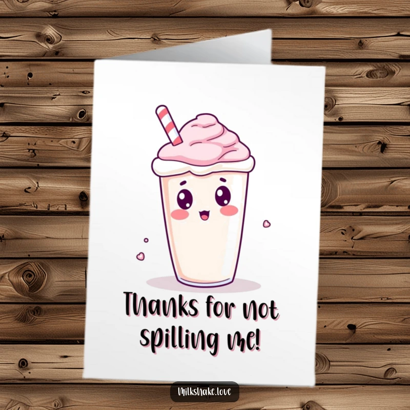 Funny Free Printable Thank You Card: Kawaii milkshake looking confused as it tips over, a sweet gesture of thanks.