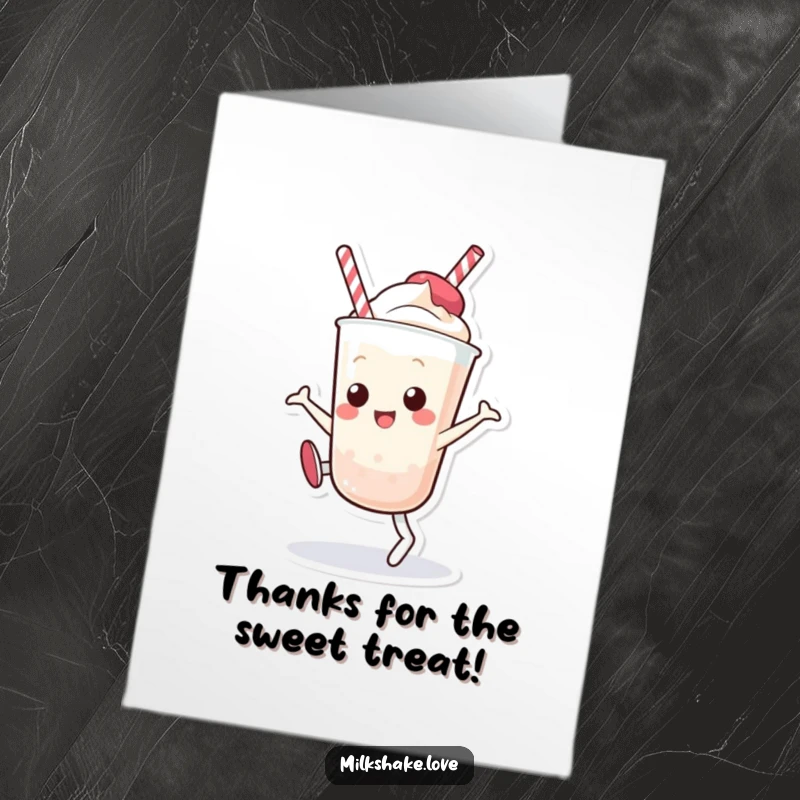 Funny Free Printable Thank You Card: A happy Kawaii milkshake mid-cartwheel, showing cheerful gratitude.