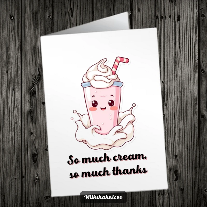 Funny Free Printable Thank You Card: A Kawaii milkshake character happily splashes through whipped cream, sending thanks.