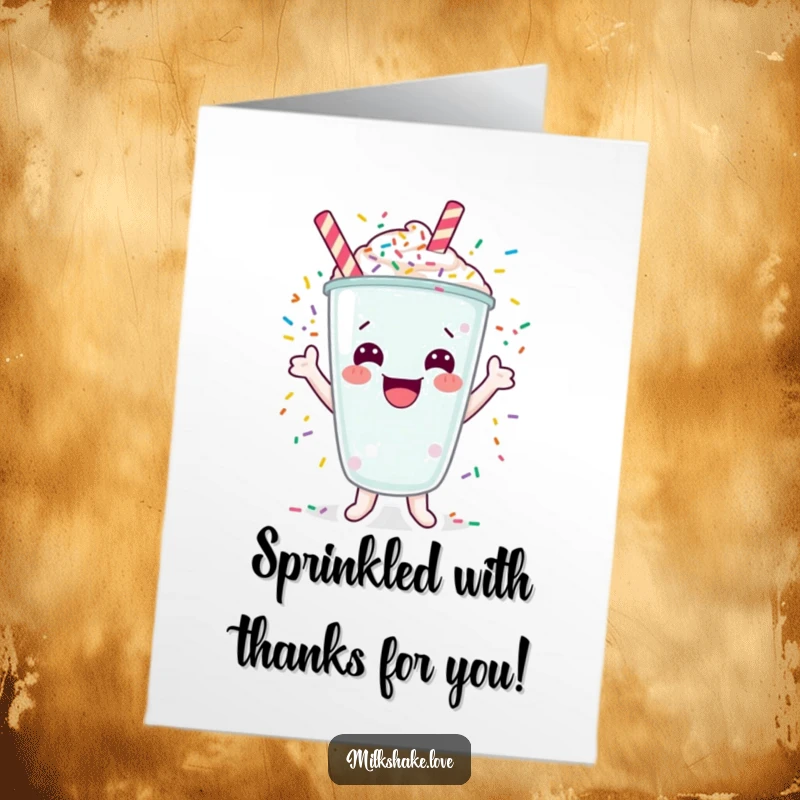 Funny Free Printable Thank You Card: A happy milkshake cheers with a shower of colorful sprinkles, great downloadable art.