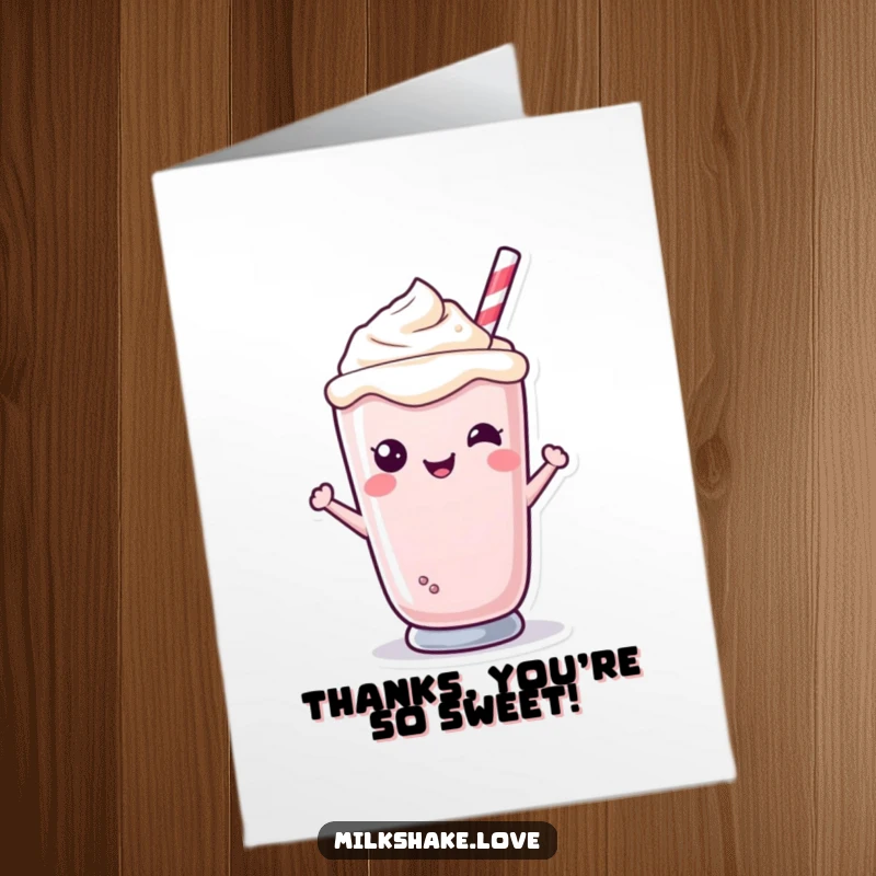 Funny Free Printable Thank You Card featuring a kawaii milkshake character with a sweet smile, conveying heartfelt thanks from its glass.