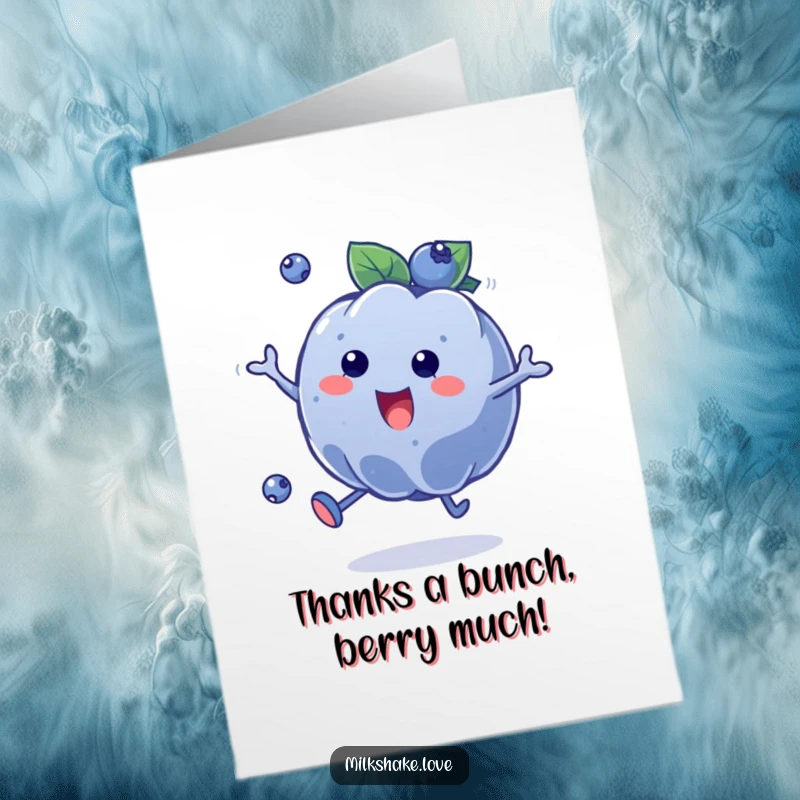 Funny Free Printable Thank You Card: A plump, happy blueberry character bouncing with glee to express thanks.