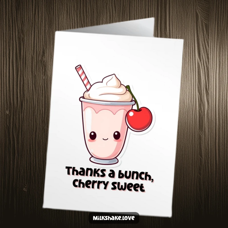 Funny Free Printable Thank You Card: a curious milkshake cup gazes at a cherry, sending a cute and humorous thank you note.