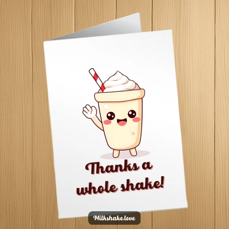 Funny Free Printable Kawaii Milkshake Thank You Card: happy character waving, perfect for expressing gratitude.