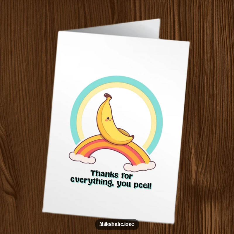 Funny Free Printable Thank You Card: A happy banana character sliding down a bright rainbow, conveying heartfelt thanks.