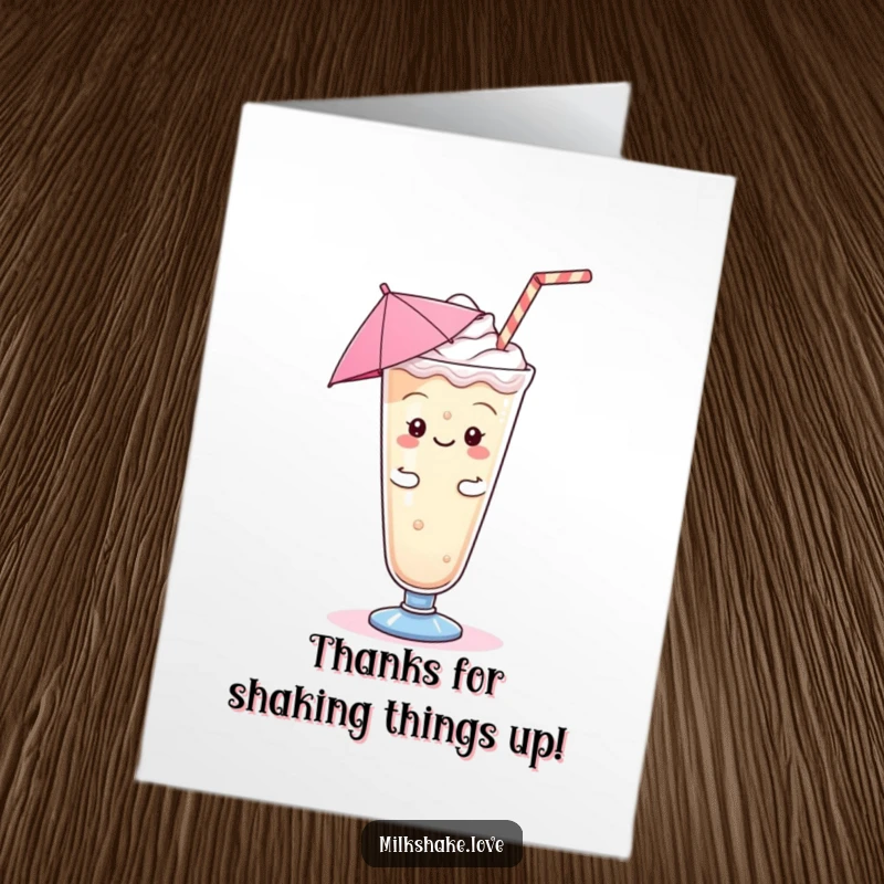 Funny Free Printable Thank You Card: Kawaii milkshake with a tiny umbrella doing a silly, happy jig, expressing thanks.