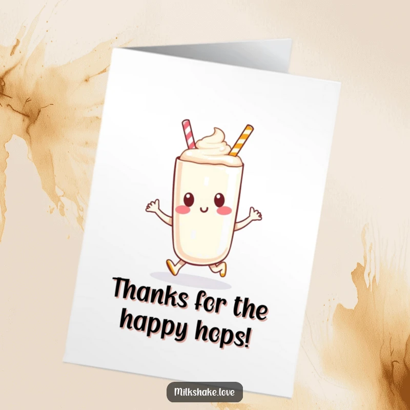 Funny free printable thank you card with an anthropomorphic milkshake character doing a happy hop.