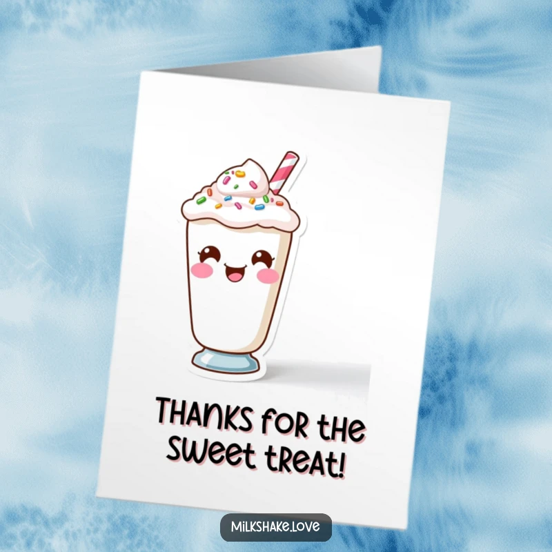 Funny Free Printable Thank You Card: Kawaii milkshake with a funny expression and sprinkles, showing thanks.